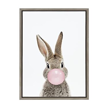 Kate and Laurel Sylvie Bubble Gum Bunny Framed Canvas Wall Art by Amy Peterson Art Studio 18x24 Gray