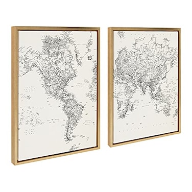 Kate and Laurel Sylvie Black and White Modern Retro World Map Framed Canvas Wall Art Set by The Creative Bunch Studio 2 Piece 18x24 Gold Vintage Map Art for Wall