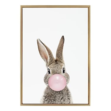 Kate and Laurel Sylvie Bubble Gum Bunny Framed Canvas Wall Art by Amy Peterson Art Studio 23x33 Gold Decorative Animal Art for Wall