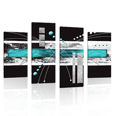 1 KINGO Modern Abstract Canvas Wall Art Black Teal Wall Decor Grey White Decoration for Home Office 4 Panels Poster Framed Print for Living Room Bedroom