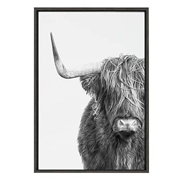 Kate and Laurel Sylvie BW Highland Cow No 1 Framed Canvas Wall Art by Amy Peterson Art Studio 23x33 Gray Rustic Animal Wall Decor for Wal