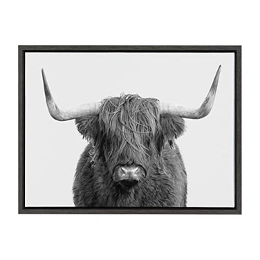Kate and Laurel Sylvie BW Highland Cow No 1 Portrait Framed Canvas Wall Art by Amy Peterson Art Studio 18x24 Gray Rustic Animal Art for Wall