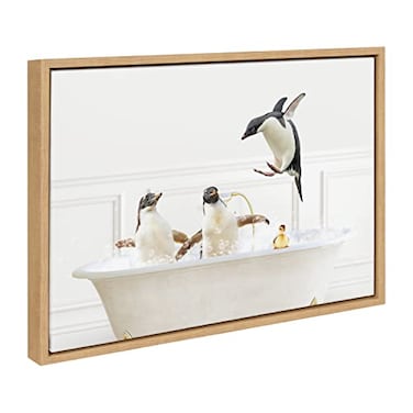 Kate and Laurel Sylvie Penguins In Bubble Bath Neutral Style Framed Canvas Wall Art by Amy Peterson Art Studio 18x24 Natural Adorable Animal Art Home Dcor