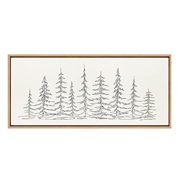 Kate and Laurel Sylvie Minimalist Evergreen Trees Sketch Framed Linen Textured Canvas Wall Art by The Creative Bunch Studio 18x40 Natural Decorative Panel Art