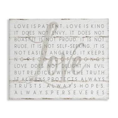 Stupell Industries Love Is Patient Grey on White Planked Look Canvas Art 30 x 24 Inches Easy to Hang and Sturdy Made in USA by Jennifer Pugh
