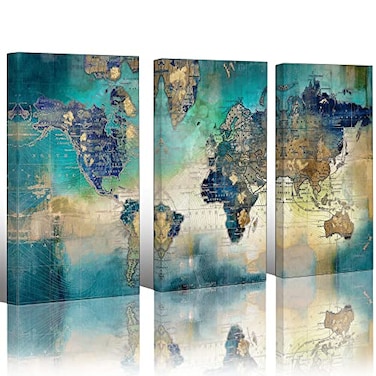 Pogusmavi Canvas Wall Art for Living Room World Map Wall Decor Large Wall Art for Bedroom Office Artwork Map Wall Art 16x32 3 Piece Canvas Wall Art