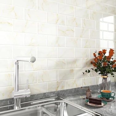 FunStick Marble Subway Tile Peel and Stick Backsplash for Kitchen 12x12 White Gold Stick on Back Splashes for Kitchens Peel and Stick Wall Tiles for Bathroom Shower Tile Stickers Waterproof 5 Sheets