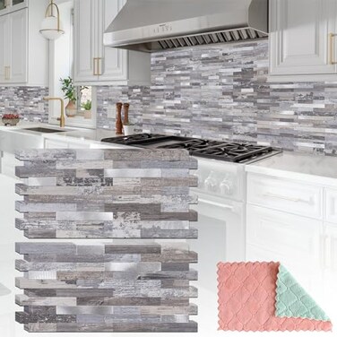 StyloVue 20 Sheets Peel and Stick Backsplash Distressed Wood with Metal Silver Self Adhesive Wall Tiles Upgrade Your Kitchen Backsplash RV Fireplace