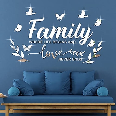 Zonon Mirror Family Wall Letter Quotes Decor 3D Acrylic Wall Decal Stickers DIY Removable Art Decals Motivational Butterfly Mural Stickers for Home DecorSilver
