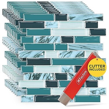 XFasten Kitchen Backsplash Sticky Tiles 10pcs 12 x 12 wMini Cutter Teal Peel and Stick Tile Backsplash for Kitchen Shower and Bathroom Waterproof Back Splashes for Kitchens Peel and Stick