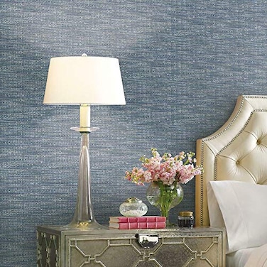 RoomMates Waverly RMK11893RL Tabby Peel and Stick Wallpaper 18 in x 1886 ft Easy Application No Sticky Residue Blue and Taupe