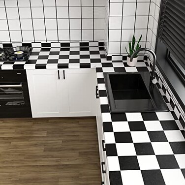VaryPaper 157x787 Thick Checkered Countertop Contact Paper Waterproof Checkered Wallpaper Peel and Stick Black and White Wallpaper for Bathroom Kitchen Backsplash Cabinets Shelf Liners Drawers