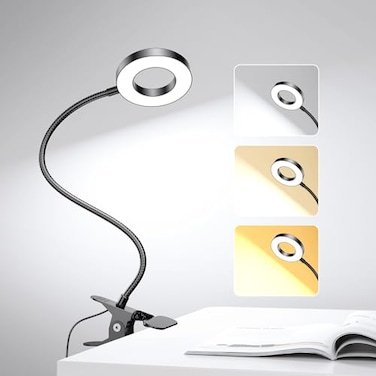 GARMESE LED Desk Lamp Clip on Light with 3 Color Modes 10 Brightness RingClamp Light 360 Adjustable Neck Dimmable Eye Protection Desk Lamps for Home Office