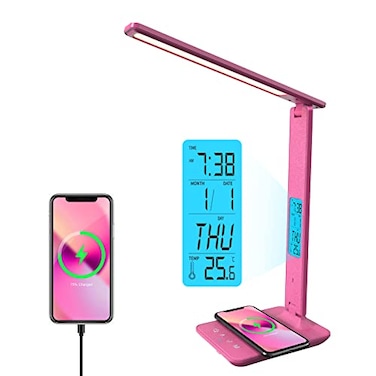 poukaran Desk Lamp LED Desk Lamp with Wireless Charger USB Charging Port Table Lamp with Clock Alarm Date Temperature Office Lamp Desk Lamps for Home Office Pink