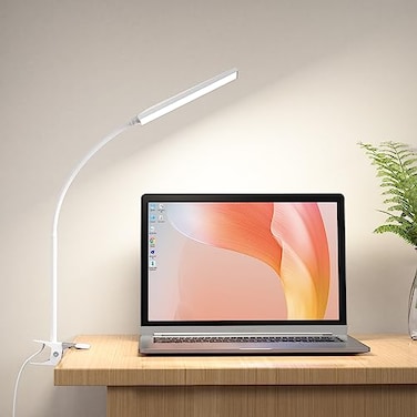 RAOYI LED Desk Lamp 5W USB Clip on Light EyeCaring Reading Clamp Table Lamp with 48 LEDs Flexible Neck 3 Color Modes and 14 Brightness Levels for Office Bedroom Study White