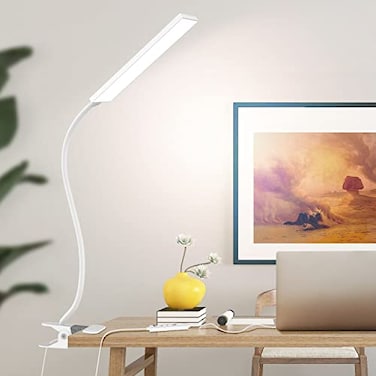 Vansuny Clip on Light LED Desk Lamp with Metal Clip 6 Level Brightness 3 Color Modes Power by USB Port 5W Adjustable Neck EyeCaring Reading Light for Home and Office White