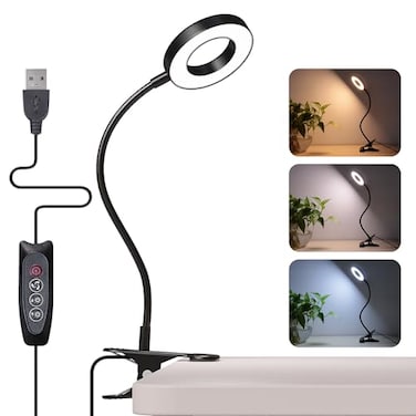 Foneso Desk Lamp Clip on Light 48 LED USB Lamp with 3 Color Modes 10 Brightness Levels 360 Flexible Gooseneck Eye Protection Bed Night Light for Reading Makeup Craft Black