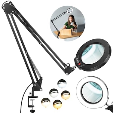 Krstlv 12X Large Magnifying Glass with Light and Clamp Real Glass 5 Color Modes Stepless Dimmable 2 x 16 Inch Adjustable Swing Arm Stand Desk Lamp LED Lighted Magnifier Hands Free for Close Work Hobby
