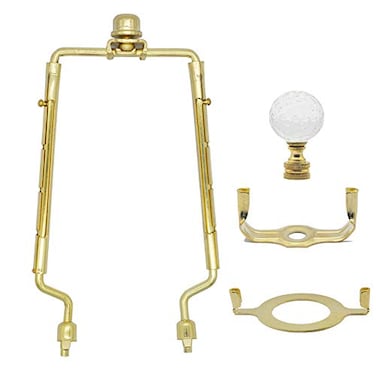 EMNOOTI 7 8 9 10 inch Lamp Shade Harp HolderAdjustable Lamp Harp KitFit Both Standard Lamp Rod and E26 Light Base UNO Fitter Adapterwith 2 Shade Attaching Finial Top Gold Color 1 Set