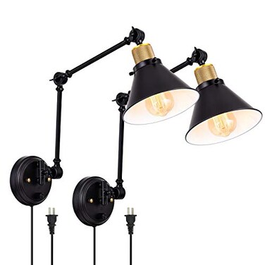 TRLIFE Plug in Wall Sconces Dimmable Wall Sconce Swing Arm Wall Lights Plug in Adjustable Wall Mounted Light Wall Lights with 6FT Plug in Cord E26 BaseTwo Arms 2 Pack