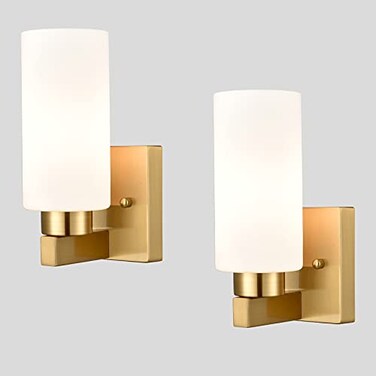 DEYNITE Modern Gold Wall Sconce Dimmable Bathroom Vanity Light with Milky White Cylinder Glass Shade Set of 2