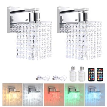 Shenmoyl Set of 2 Crystal Battery Operated Wall SconceRechargeable Wall Lamp with 5200mAh Battery Remote Control Modern Dimmable Wireless Wall Lights for Bedroom Bathroom Clear Silver Base