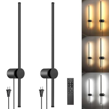 GOODATE Wall Sconces Set of Two with Remote Stepless Colors 3000K6500K Stepless Dimming Hardwire or Plugin 180 Rotate LED Black Plug in Wall Sconces with Timer Night Light 236 Inches