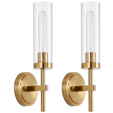 SANTOSTOCK Hardwired Gold Wall Sconces Set of 2 Modern Bathroom Sconces Wall Lighting Vanity Light Fixtures with Clear Glass Brushed Brass Wall Decor Lights for Mirror Living Room Bedroom Hallway Stai