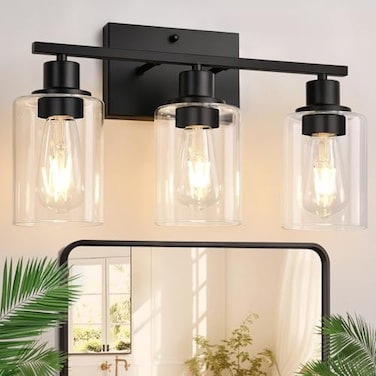Indoi 3 Light Bathroom Light Fixtures Matte Black Modern Vanity Lights with Clear Glass Shade Bathroom Wall Lamp for Mirror Kitchen Living Room Hallway Cabinet Porch