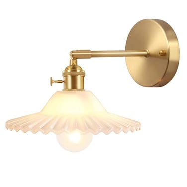 Shenmoyl Vintage Wall Sconces with White Lotus Glass Lampshade 180 Degree Adjustable Brass Sconces Hradwired Modern Wall Lighting Fixture with Switch for Bedside Bedroom Doorway