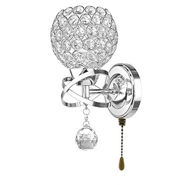WeFoonLo Modern Crystal Wall Light Pendent Lamp Chrome Finish Bedroom Sconce Lighting Fixture with Pull Cord Switch E14 Socket Spherical