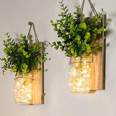 ECTY Rustic Wall Sconces Mason Jar Sconces Farmhouse Home Decor LED Fairy Lights Green Fake Plant Interior Decoration Warm Toned Lighting 2 Pack