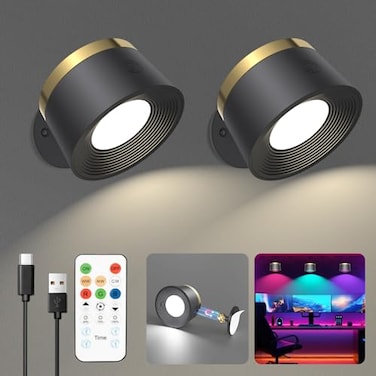 Speclux LED Wall Sconces Set of Two Rechargeable Battery Operated Wall Lights with Remote Wall Lamp Wireless 3 Color Temperatures 13 RGB Dimmable Magnetic 360 Rotation Two Pack Black