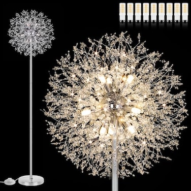 BesLowe 69 Crystal Floor Lamp for Living Room Modern Standing Lamp with 738PCS K9 Crystals Tall Lamp Pole Light for Bedroom Office Mid Century Silver Floor Lighting with 9 LED Bulbs Chrome