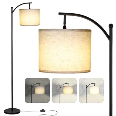 LALISU Modern Floor Lamp 3Ways Dimmable Standing Lamp with Linen Shade Adjustable Height FootStep Switch Reading Lamp for Living Room Bedroom Office 9W Bulb Included Black