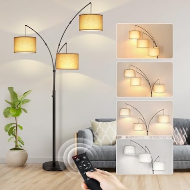OUTON Arc LED Floor Lamp with Remote Control Dimmable Modern Black 3 Light Arched Tall Floor Lamp Mid Century Adjustable Standing Corner Lamps for Bedroom Office Living Room Beige Lampshade