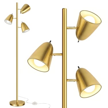 QiMH Tree Floor Lamp with 3 Light Bulbs Standing Tall Pole Lamps for Living Room Bedroom Office Reading Stand up Lamps with 3 Adjustable Arms Brushed Gold