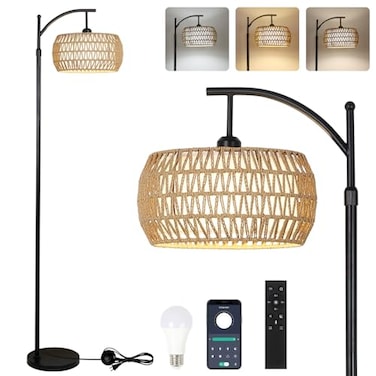 eyassi Arc Floor Lamp with Remote Control Dimmable LED Floor Lamp with 3 Color Temperature Black Standing Lamp with Rattan Fabric Double Drum Shade Boho Farmhouse Tall Pole Lamp for Living Room Bedroo