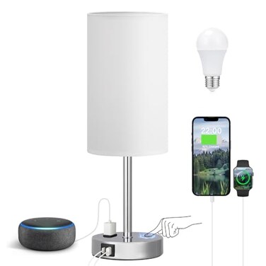 Fenmzee Touch Bedside Lamp White 3Way Dimmable USB A C Charging AC Outlet 174inch Medium