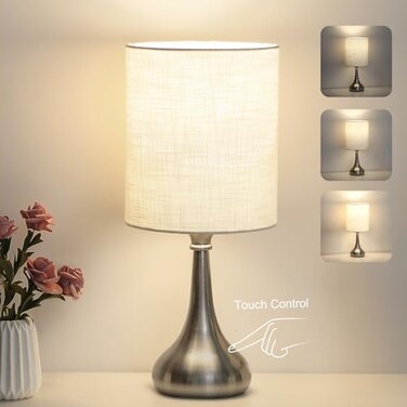 Boncoo Touch Control Table Lamp 3 Way Dimmable Simple Night Light Lamp with White Lampshade Silver Metal Base Small Bedside Table Lamp for Bedroom Office Dorm A19 9W 3000K Bulb Included