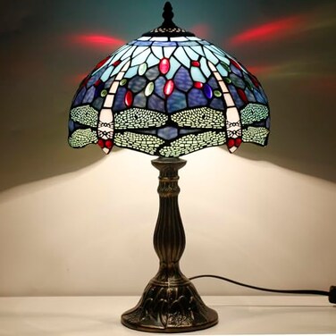WERFACTORY Tiffany Table Lamp Blue Stained Glass Bedside Desk Reading Light