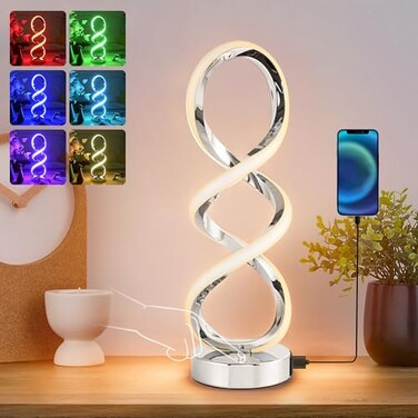 Adebime Modern Spiral RGB Table Lamp Touch Dimmable Bedside Lamp 7 Colors 10 Light Modes Spiral Design Table Lamp Unique Nightstand Lamp for Living Room Bedroom Cool Lamps Silver