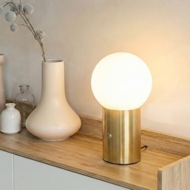 Brightech Kai LED Table Lamp with USB Port Small Bedside Reading Modern Desk Lamp Nightstand Light with Ambient Lighting for Bedroom Living Room Office Modern Globe Lamp Shade Brass Finish