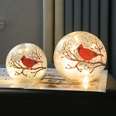 Kaowod Large Crackle Glass Ball Cardinal Lamp Light Up Red Cardinal Stained Glass Christmas Decor Accent Lamp Lighted Red Bird Globe Table Light Led Sphere Desk Lamp