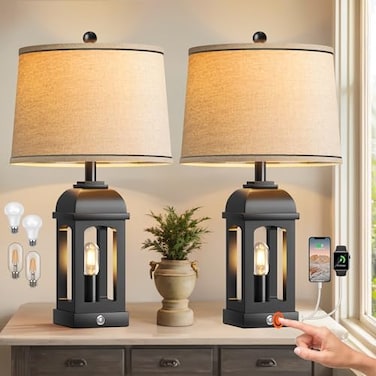 QiMH Table Lamp for Living Room Farmhouse Lamps Set of 2 with USB AC and Nightlight 26 Rustic Bedside Lamps with 3Way Dimmable Touch Control Nightstand Lamp for Bedroom Decor Black
