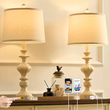 SAIWEYA 275 Farmhouse Table Lamps Set of 2 Bedside Nightstand Lamp with USB CA Ports AC Outlet 3 Way Dimmable Touch Lamps for Bedroom Living Room Office Rustic Lamp