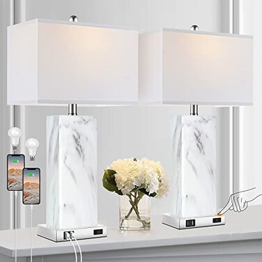 PARTPHONER Touch Control Table Lamps Set of 2 Modern Ceramic Bedside Lamp with 2 USB Ports 1 AC Outlet 3Way Dimmable White Nightstand Lamp with Fabric Shade for Living Room Bedroom LED Bulbs Included