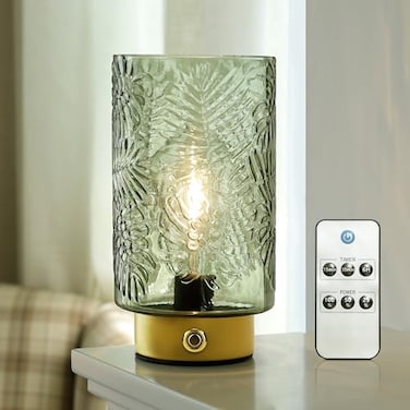 ULAROOM Cordless Lamp Rechargeable Battery Operated lamp Glass Table Lamp Remote Control Dimmable Brightness Touch Wireless Bedside Lamp for Bedroom Kitchen Dining Home Living Room Decor Green