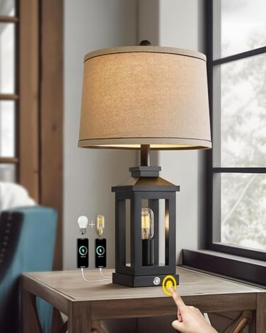 G-SAFAVA GSAFAVA 2375 Retro Farmhouse Black Table Lamp for Living Room Bedroom Nightstand Single Pack Touch Control Bedside Nightlight Vintage Modern Lamp with USB CA Ports and 2 Light Sources