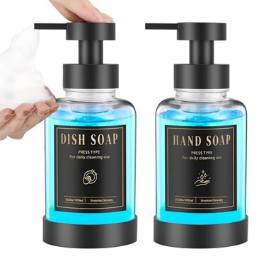 Luxspire Foaming Soap Dispenser Glass Foam Pump Soap Dispenser NonSlip Hand Soap Bottle with 5 Waterproof Labels 15 Oz Refillable Liquid Soap Bottle for Bathroom Kitchen Clear 2 Pack